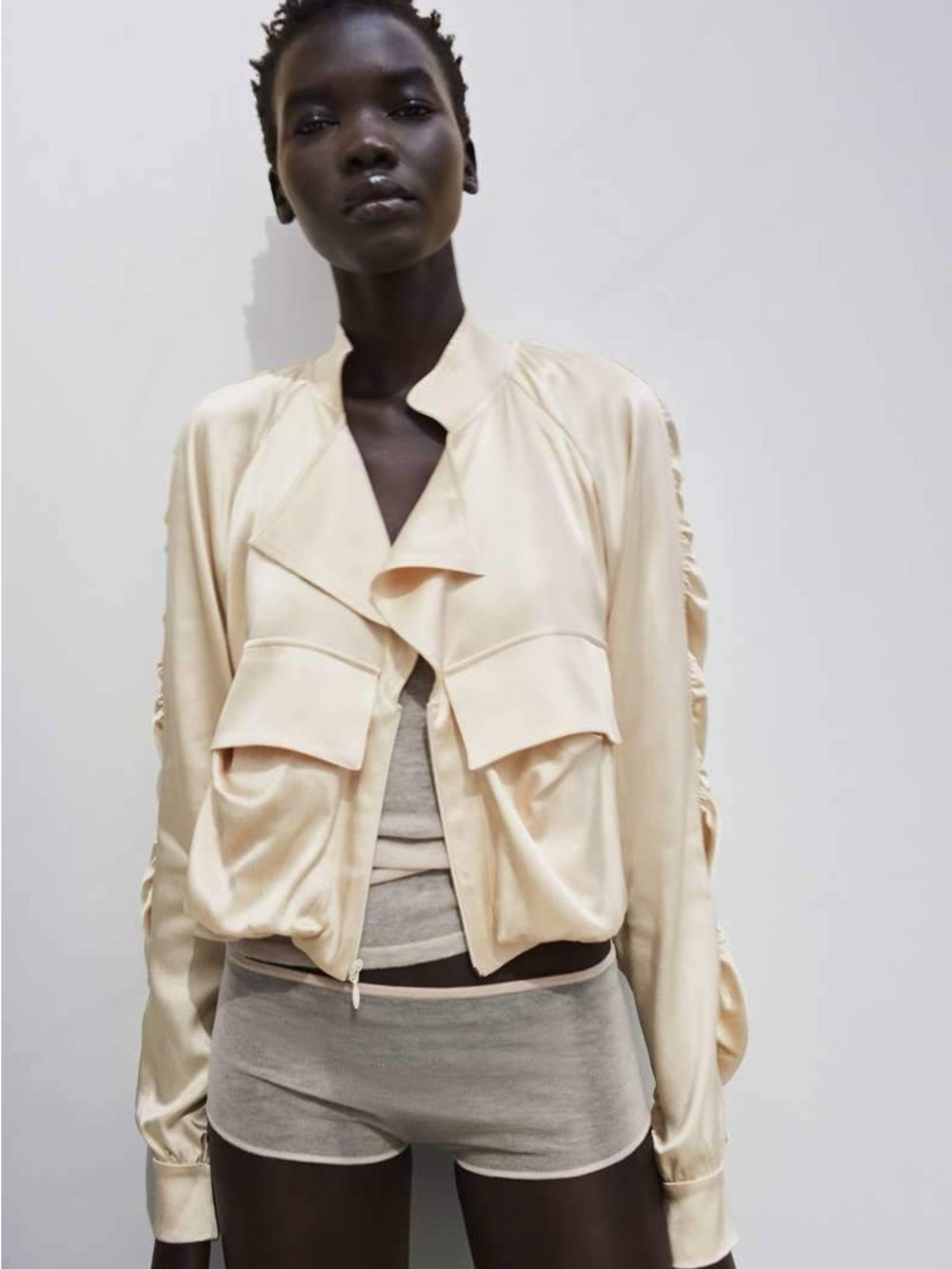 Zara Cream Ruffle-Front Satin Bomber Jacket (pen marks)